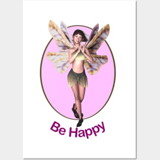 Be Happy elf fairy faerie in butterfly wings clapping Posters and Art